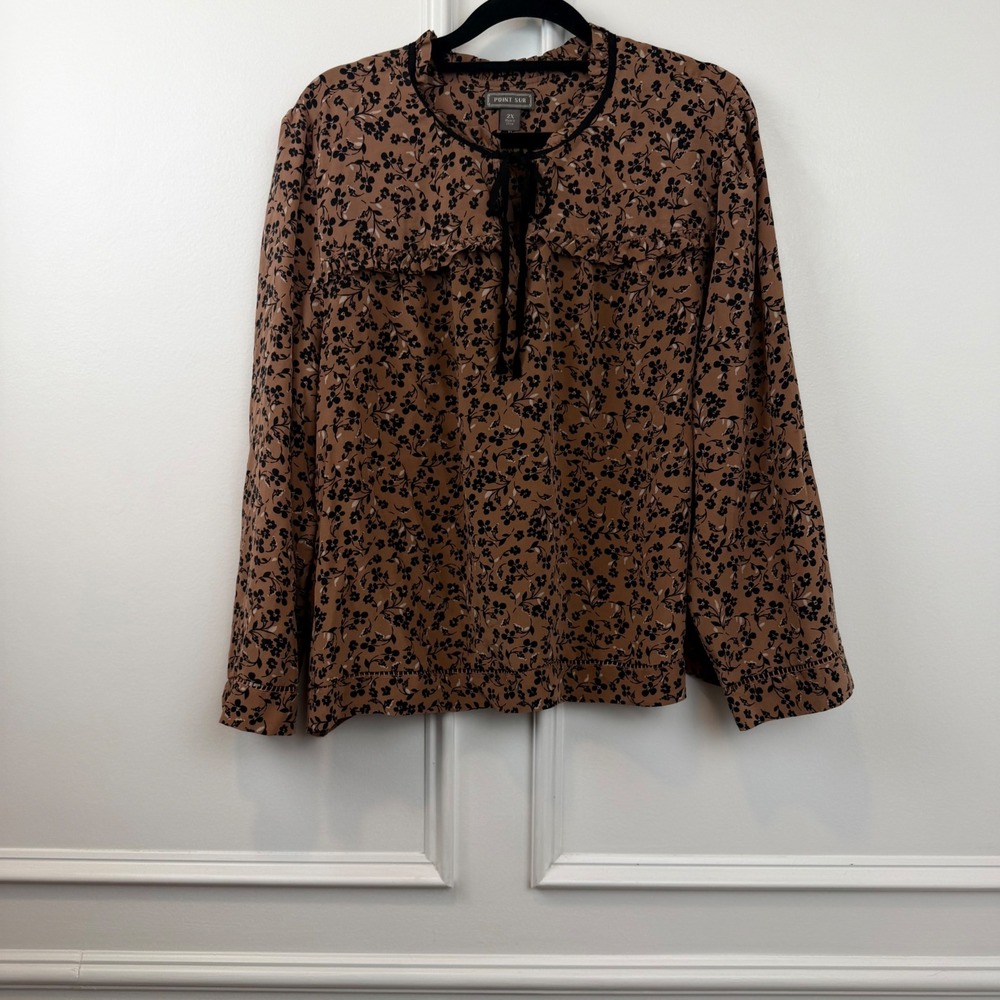 Point Sur 100% Silk Floral Ruffle Tie Neck Blouse Tan Black 2X
